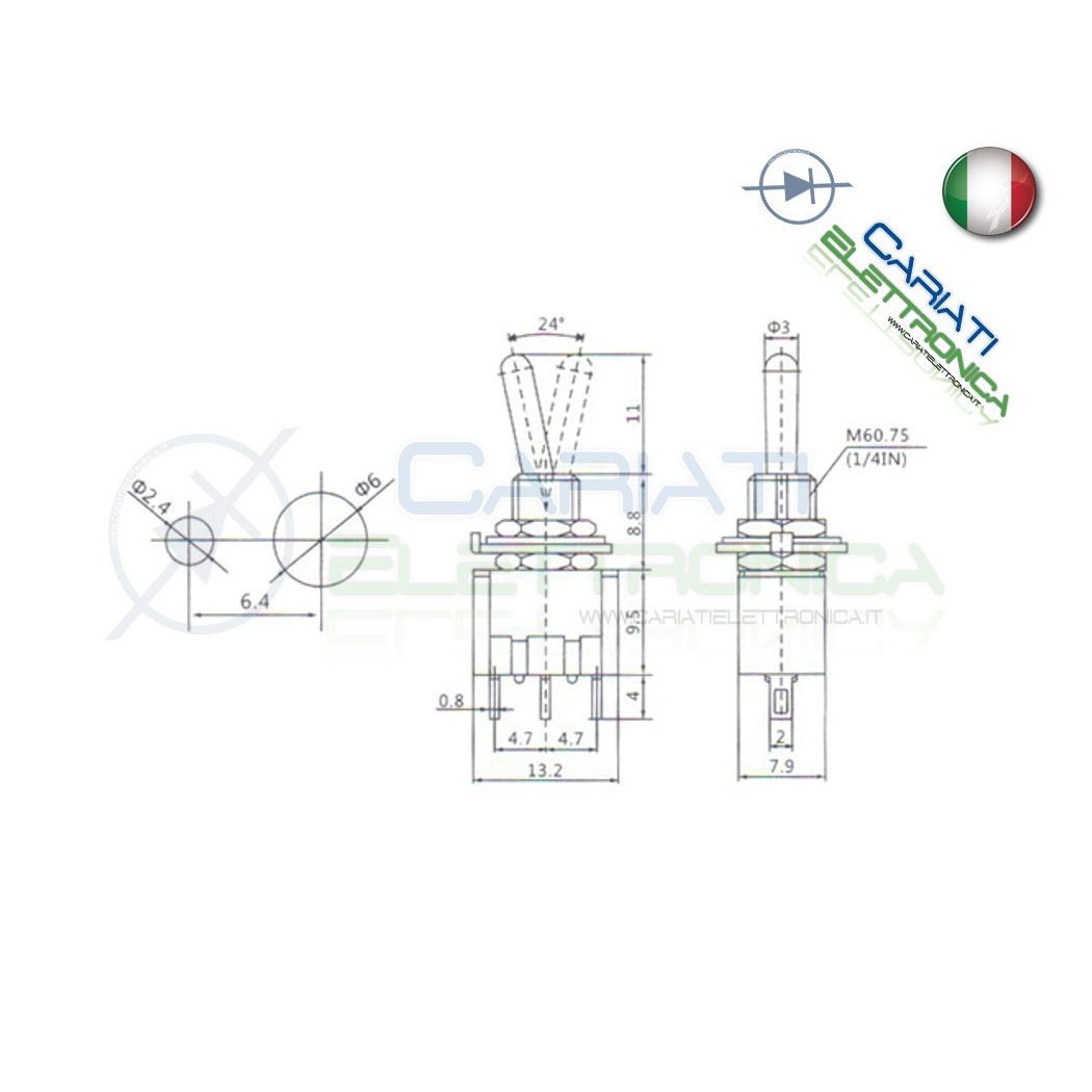 Interruttore MTS-103 ON OFF ON 2A 250V SPDT , Deviatore a Leva 1 via da pannelloGenerico