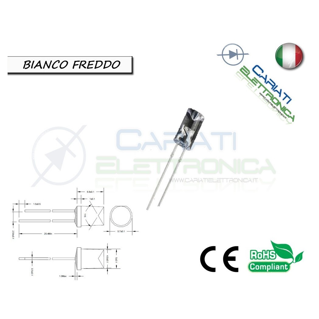 1000 pz Led 5mm FLAT TOP Bianco Freddo 13000 mcd alta luminosità