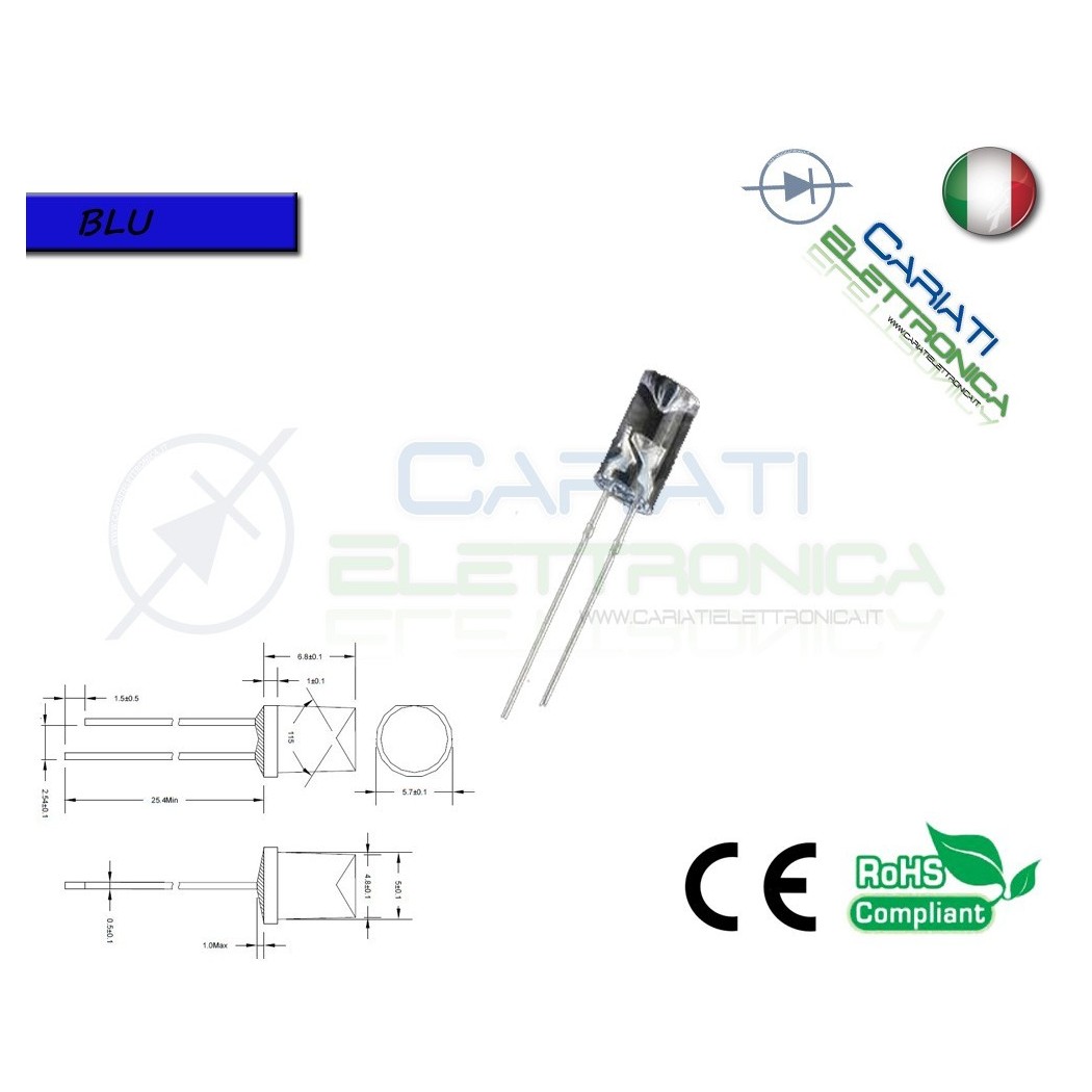 100 pz Led 5mm FLAT TOP BLU 10000 mcd alta luminosità