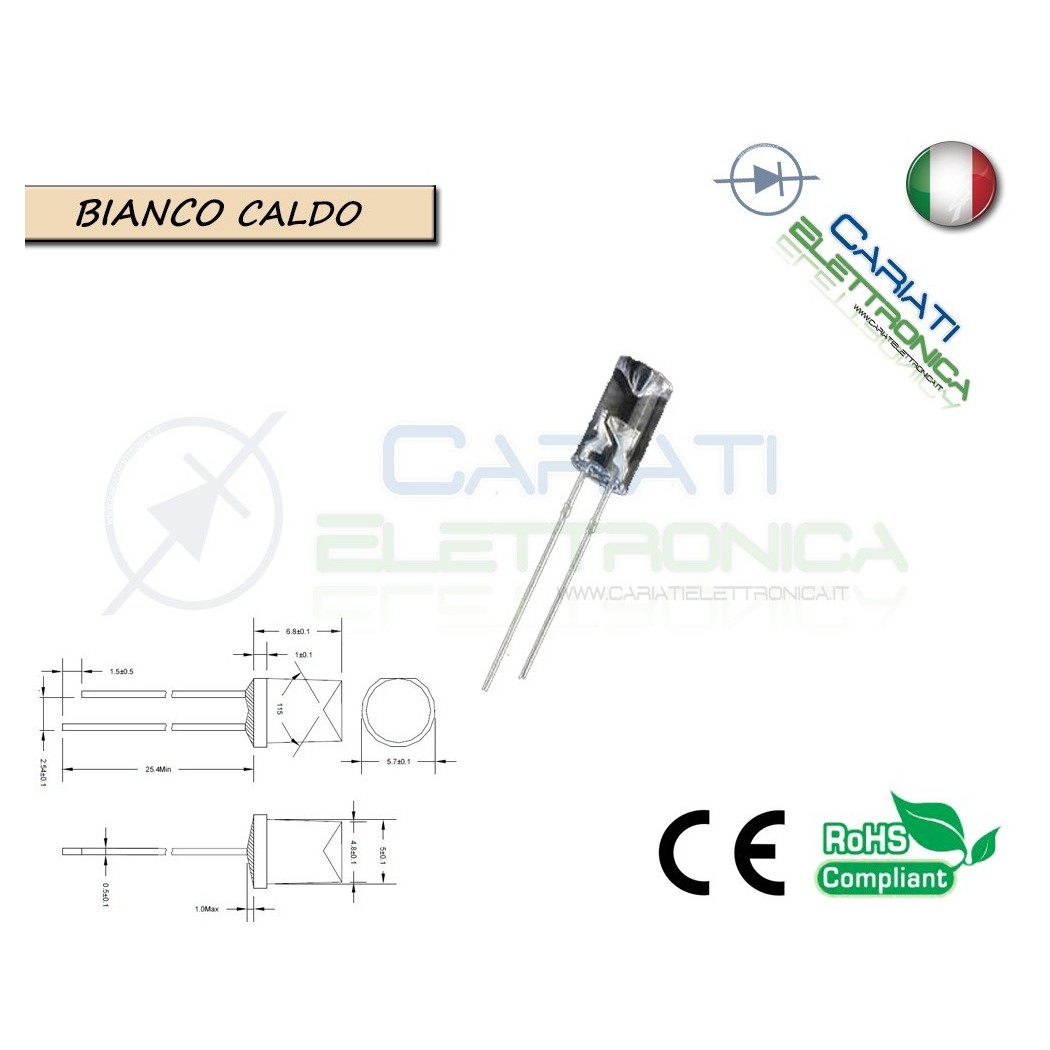 20 pz Led 5mm FLAT TOP Bianco Caldo 13000 mcd alta luminosità