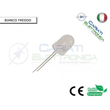 50 pz Led 10mm Bianco Freddo Bianchi Luce Diffusa 1500mcd