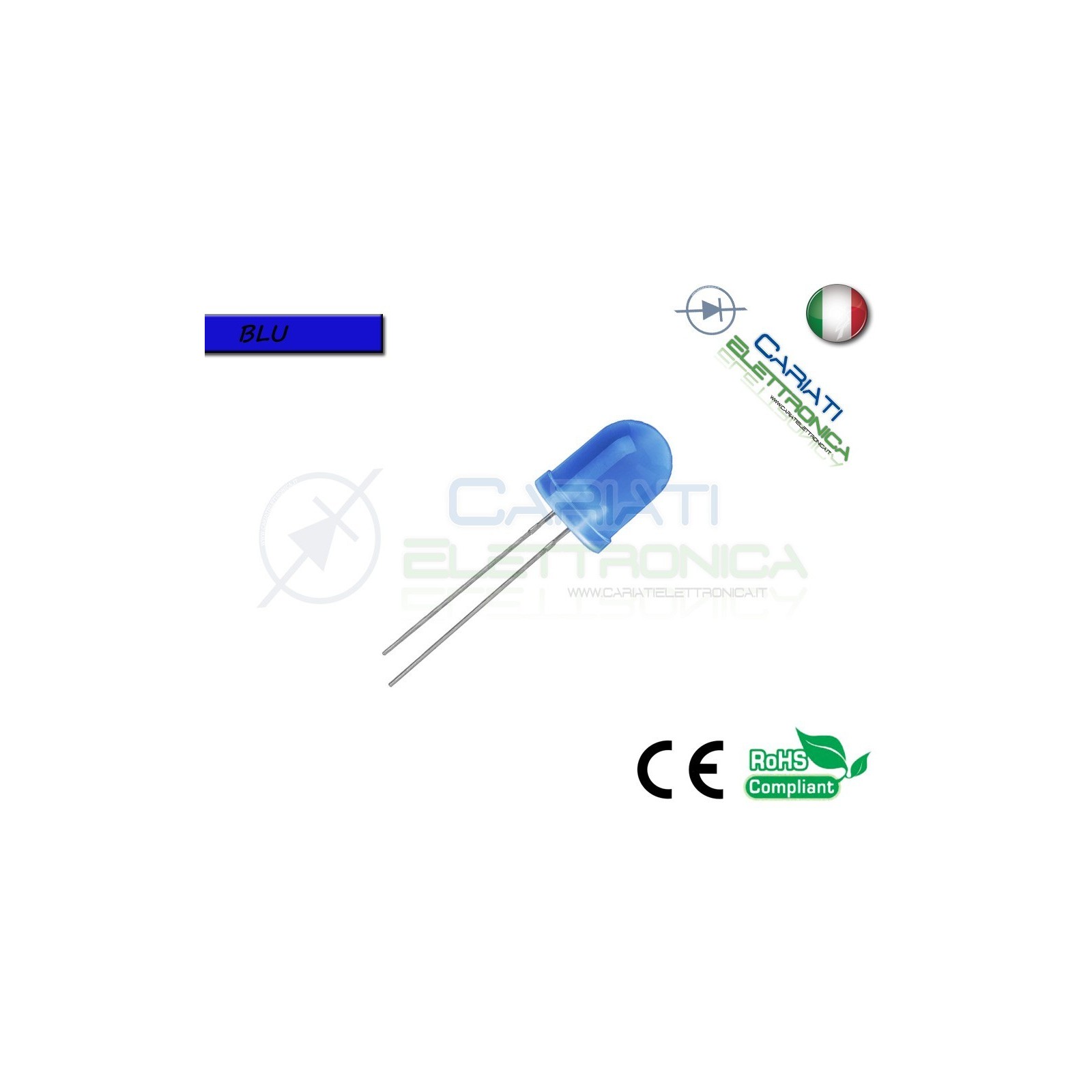 100 pz Led 10mm Blu Luce Diffusa 1500mcd