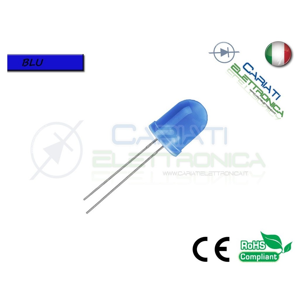 100 pz Led 10mm Blu Luce Diffusa 1500mcd