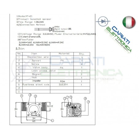 YF-S201 Sensore di flusso per acqua liquidi a effetto Hall arduino pic