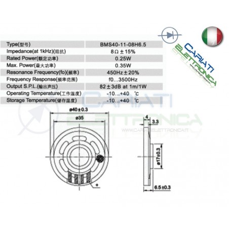 Altoparlante speaker cassa in mylar 250mW 8Ω 82dB 40mm