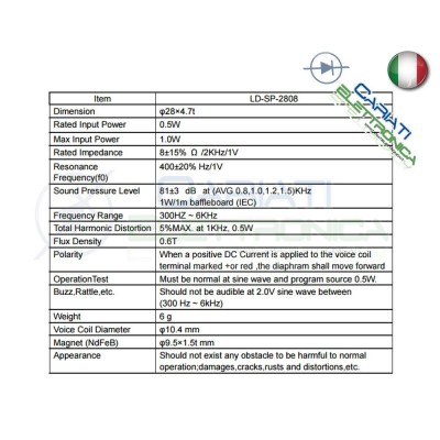 Altoparlante speaker cassa in mylar 500mW 8Ω 81dB 28mm