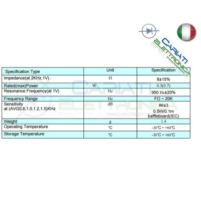 Altoparlante speaker cassa in mylar 0.5W 8Ω 100÷20000Hz 15mm