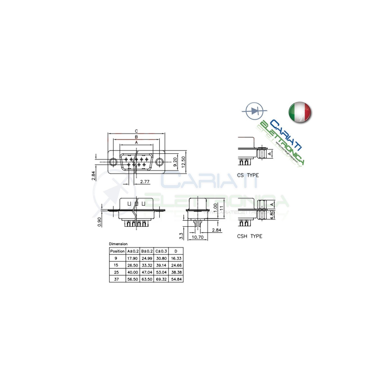 2 PEZZI Connettore SUB-D 9 poli MASCHIO a saldare porta parallela