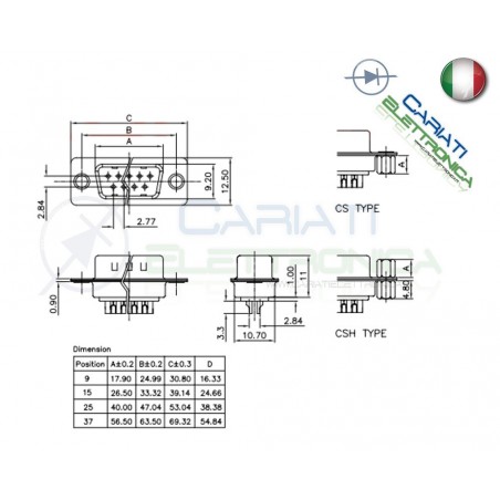 2 PEZZI Connettore SUB-D 9 poli MASCHIO a saldare porta parallela