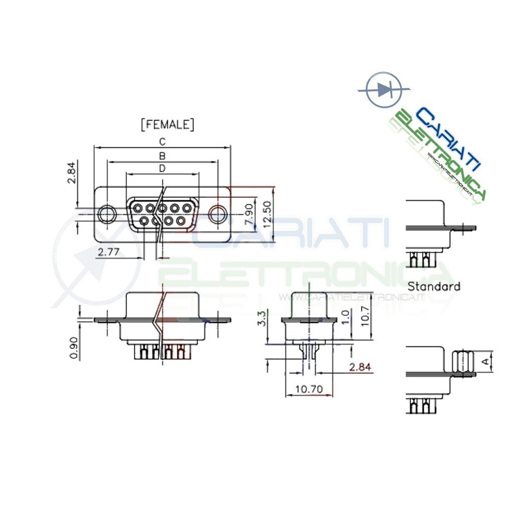 2 Pcs Connector D-Sub 9 pins Female with soldering pins