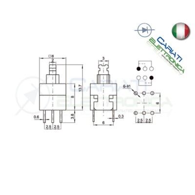 2 PEZZI INTERRUTTORE DEVIATORE ON ON DPDT MICRO DOPPIO 8X8 mm PCB 6 PIN