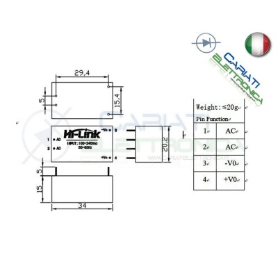 Trasformatore HI-LINK 5W 5V DC Ingresso 230V Ac Uscita 1x5V DC HLK-5M05