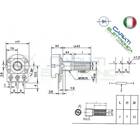 POTENZIOMETRO ROTATIVO LOGARITMICO 100K OHM 100Kohm A100K PERNO 20mm