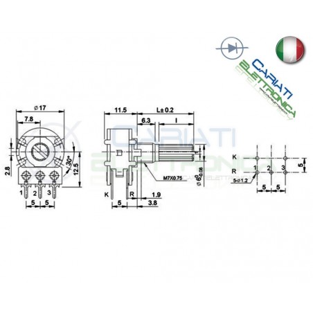 POTENZIOMETRO ROTATIVO LINEARE MONOGIRO CON INTERRUTTORE SWITCH 1Kohm 15mm
