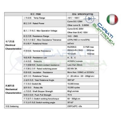 Potenziometro 100Kohm Lineare B100K con interruttore Monogiro Switch Perno 15mm
