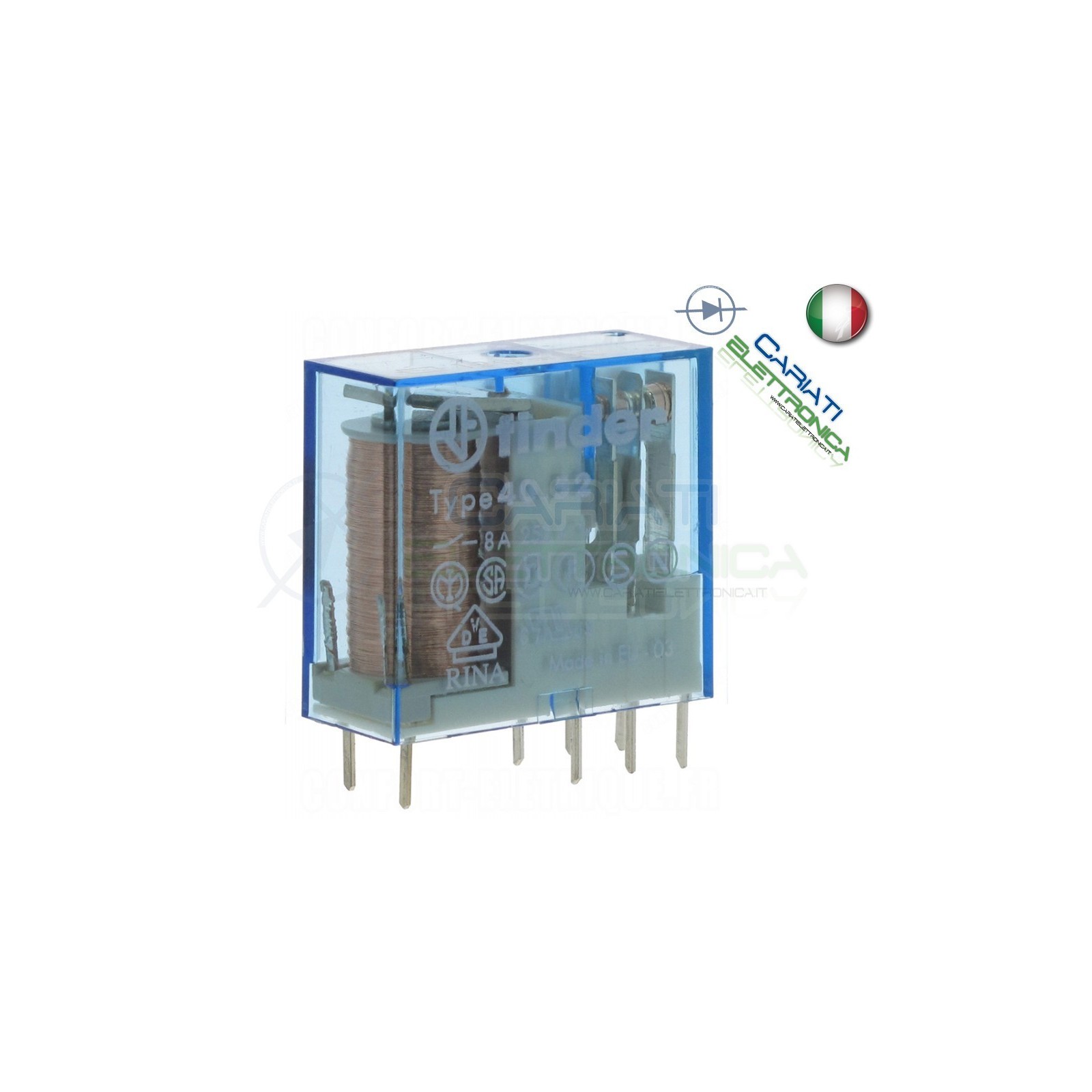 Relè FINDER 40.52.9.012.0000 con bobina da 12Vdc 8A 30Vdc 8A 250Vac DPDT