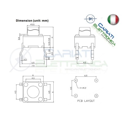 50 pezzi Pulsante 6X6X19 mm PCB Tactile Switch Mini Micro