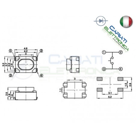 2 PEZZI MINI MICRO PULSANTI PULSANTE 3.2X4.2X2.5 mm PCB Tactile Switch.