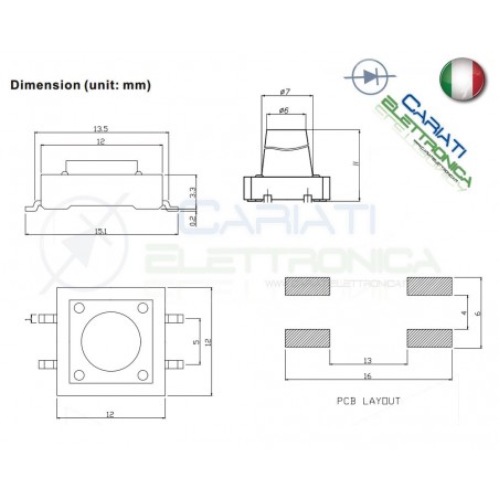 50 PEZZI MINI MICRO PULSANTE 12x12x8 mm PCB Tactile Switch