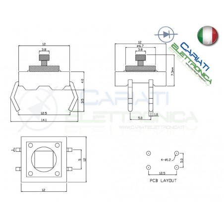 5 MINI MICRO PULSANTE 12x12x12.5 mm PCB Tactile Switch con Cappuccio