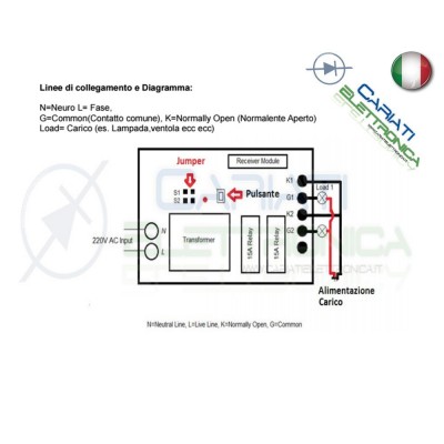 Scheda Ricevente Ricevitore 230V 433 Mhz 2 Relè Canale 15A con Telecomando