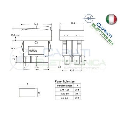 Interruttore a Bilanciere bipolare 250V 16A rocker DPST ON OFF 0 1