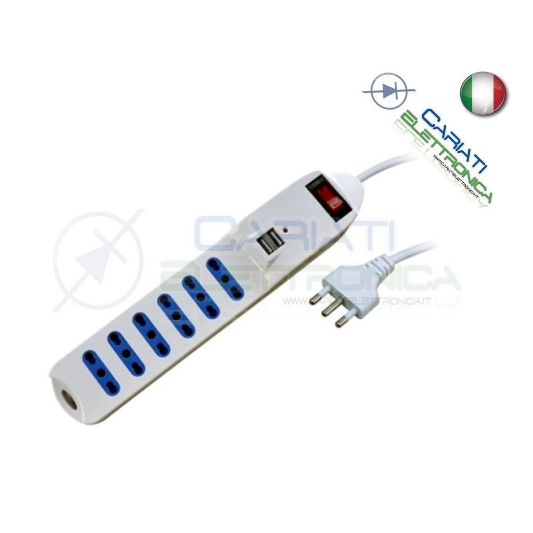 Multipresa Ciabatta Elettrica con interrutore 6 prese 250V 16A e 2 porte USB