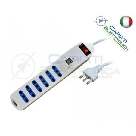 Multipresa Ciabatta Elettrica con interrutore 6 prese 250V 16A e 2 porte USB