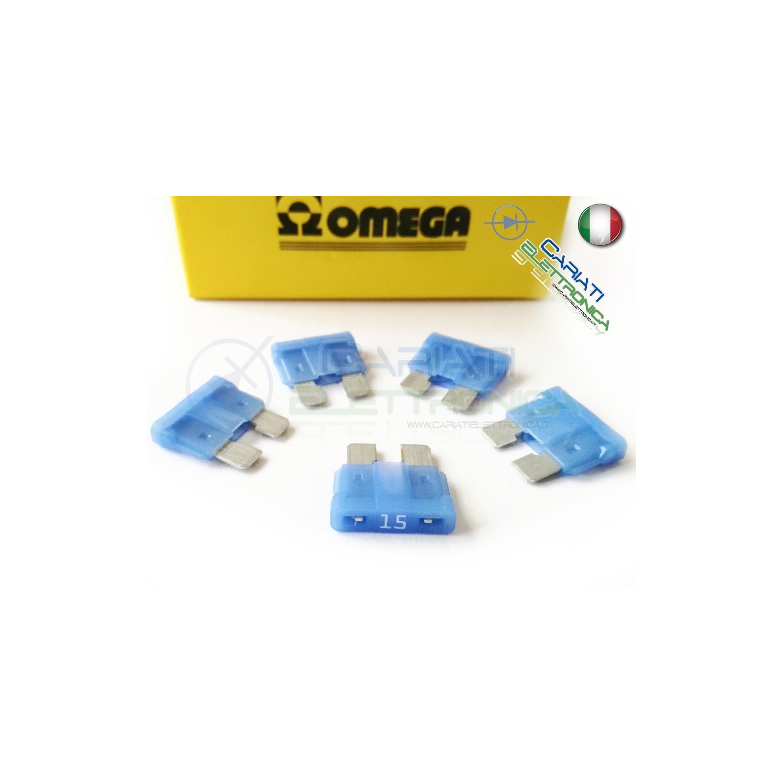 5 PEZZI di Fusibili a LAMA OMEGA rapidi da 19mm 15A AUTO MOTO CAMPEROmega