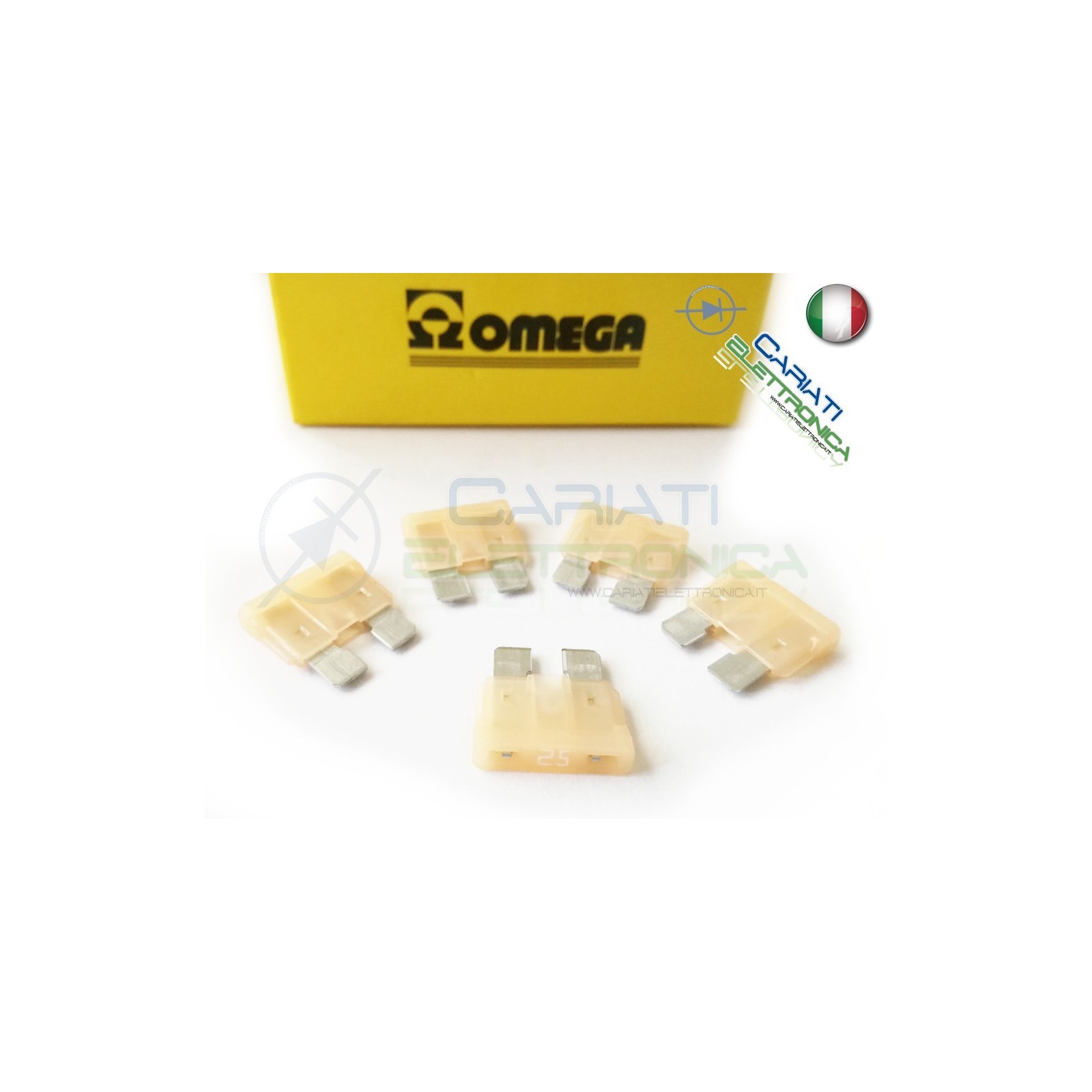 5 PEZZI di Fusibili a LAMA OMEGA rapidi da 19mm 25A AUTO MOTO CAMPER