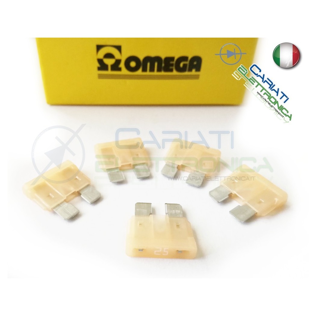 5 PEZZI di Fusibili a LAMA OMEGA rapidi da 19mm 25A AUTO MOTO CAMPER