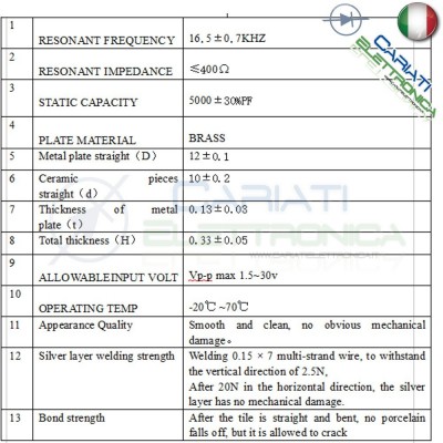 2 PEZZI Trasduttore piezo piezoelettrico con cavi diametro 12mm