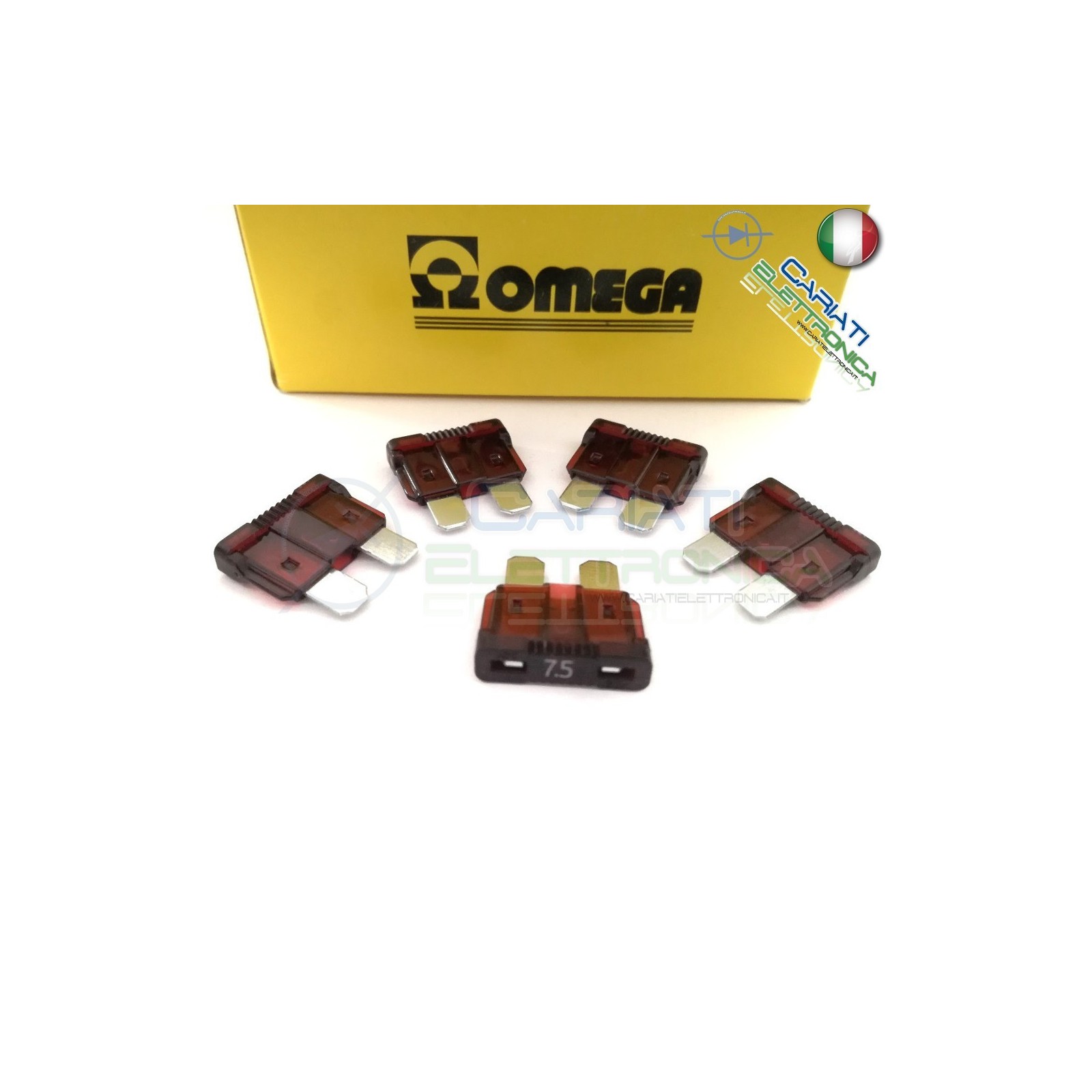 5 PEZZI di Fusibili a LAMA OMEGA rapidi da 19mm 7,5A AUTO MOTO CAMPER Omega