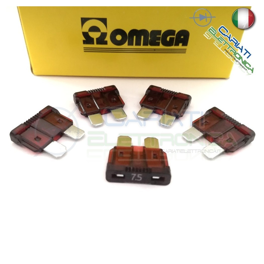 5 PEZZI di Fusibili a LAMA OMEGA rapidi da 19mm 7,5A AUTO MOTO CAMPER Omega
