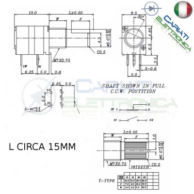 1 Pezzo Potenziometro Lineare 500 Kohm B500K RV097NS 15mm con INTERRUTTORE