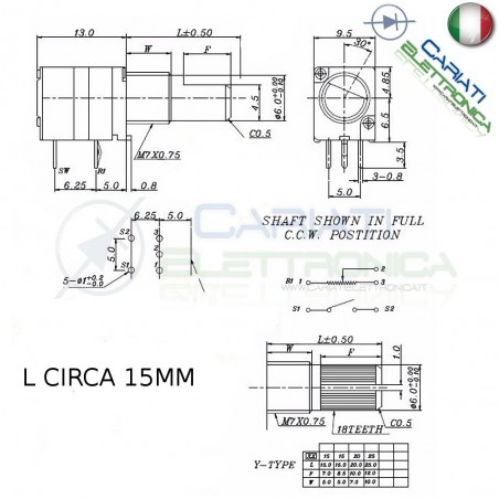 1 Pezzo Potenziometro Lineare 500 Kohm B500K RV097NS 15mm con INTERRUTTORE