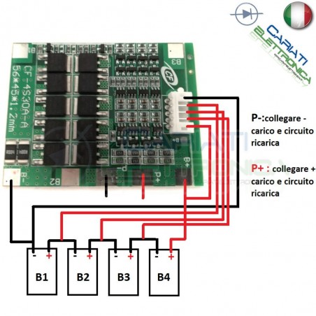 BMS Circuito di protezione Bms per 4 batterie Litio PCB battery 12,8/14,4V 30A Generico
