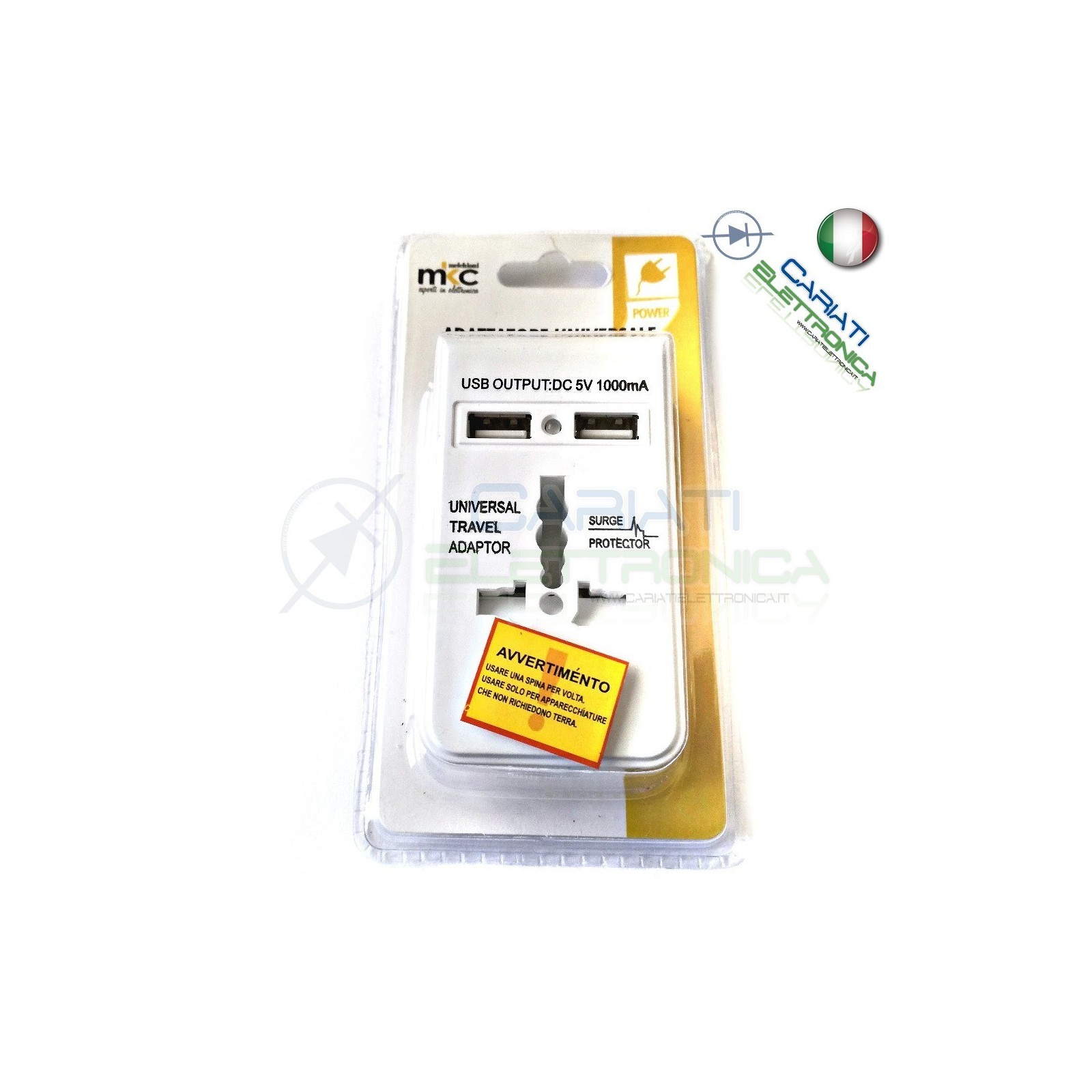ADATTATORE UNIVERSALE DA VIAGGIO PER PRESE ELETTRICHE CON 2 PORTE USB 5v 1000mAMKC