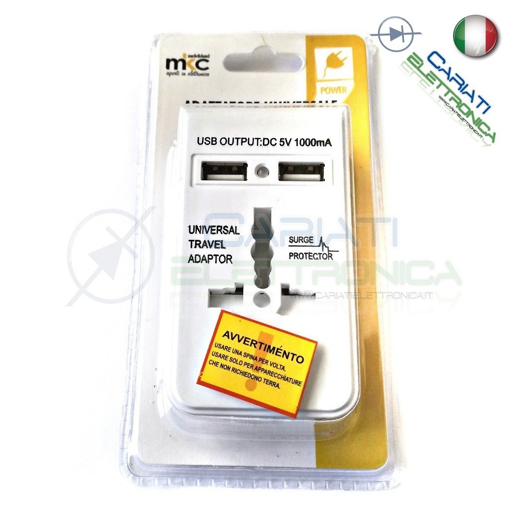 ADATTATORE UNIVERSALE DA VIAGGIO PER PRESE ELETTRICHE CON 2 PORTE USB 5v 1000mAMKC