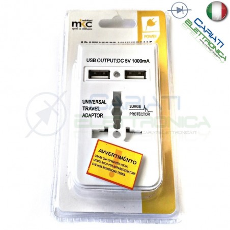 ADATTATORE UNIVERSALE DA VIAGGIO PER PRESE ELETTRICHE CON 2 PORTE USB 5v 1000mAMKC