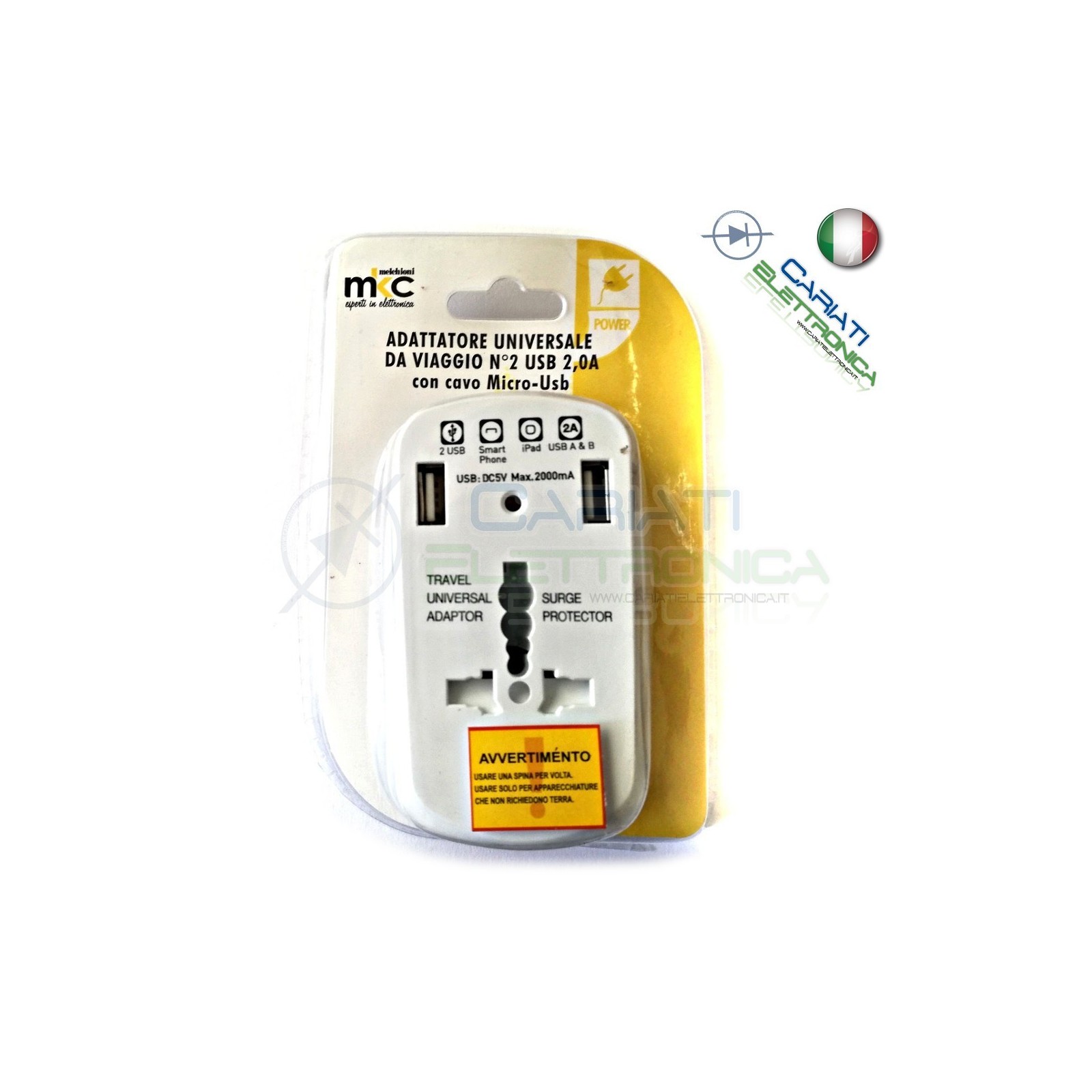 ADATTATORE UNIVERSALE DA VIAGGIO PER PRESE ELETTRICHE CON 2 PORTE USB 5v 2AMKC
