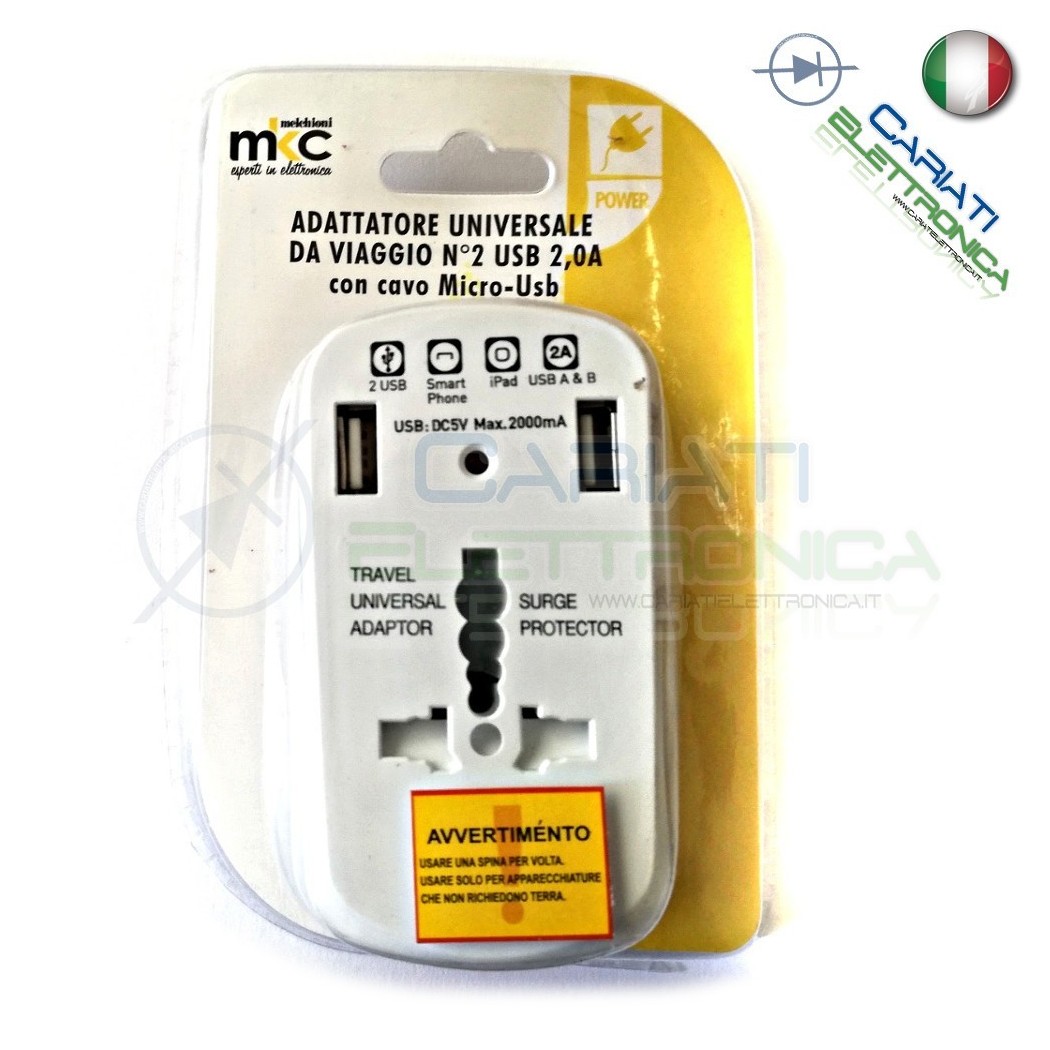 ADATTATORE UNIVERSALE DA VIAGGIO PER PRESE ELETTRICHE CON 2 PORTE USB 5v 2AMKC