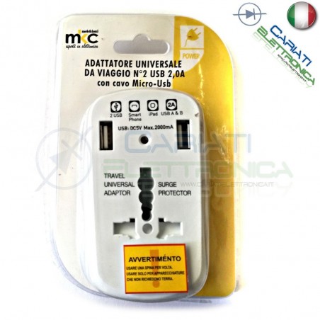 ADATTATORE UNIVERSALE DA VIAGGIO PER PRESE ELETTRICHE CON 2 PORTE USB 5v 2AMKC