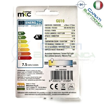 Lampada Lampadina Faretto Luce LED GU10 230V 7,5W BIANCO CALDO 2700k 540Lm