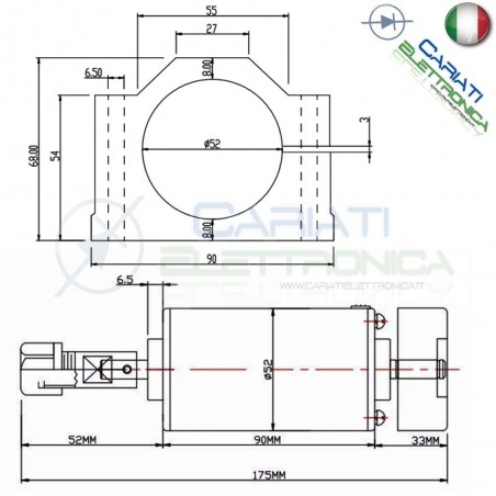 Motore con mandrino ER11 da 300W 12V/48V DC Spindle motor CON SUPPORTO