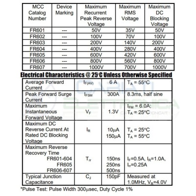 1 PEZZO DIODO DC FR607 6A 1000VMic
