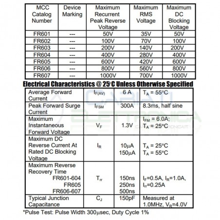 1 PEZZO DIODO DC FR607 6A 1000VMic